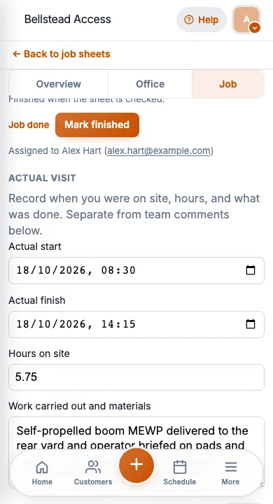 JobSheet mobile work carried out notes after a MEWP delivery