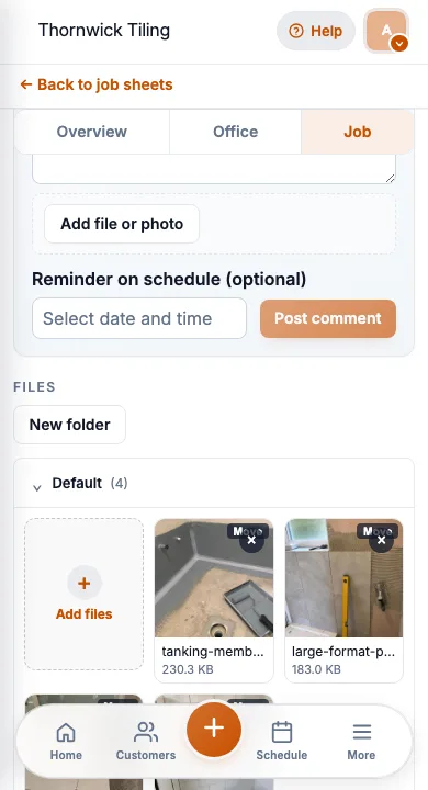 JobSheet mobile job photos and notes for a wet room tiling job