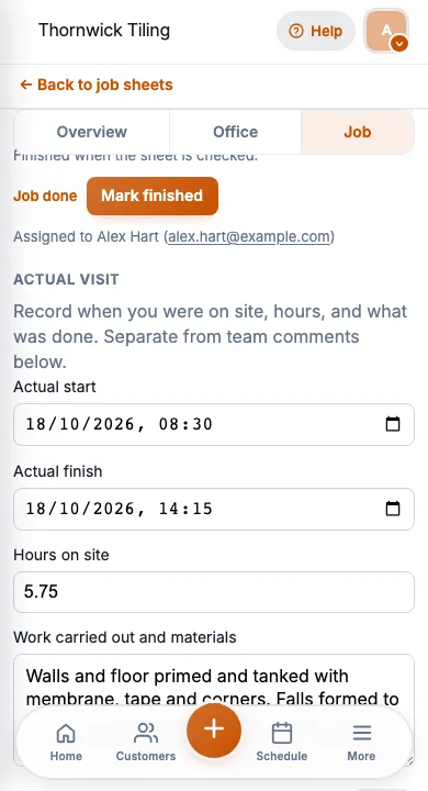 JobSheet mobile work carried out notes after a wet room tanking and tiling job